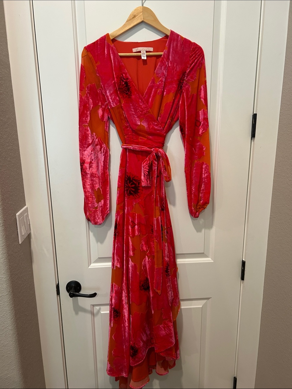 Anthropologie Orange and Hot Pink Floral Velvet Maxi Dress